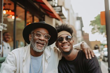 Fashionable senior man with a young adult male, both smiling and embracing on a city street, exuding urban cool and familial warmth.