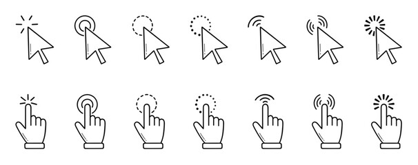 Finger click, computer pointer icon doodle set. Mouse cursor, digital arrow in sketch style. Hand drawn vector illustration isolated on white background