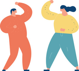 Two cartoon characters flexing muscles confidently. Male and female showing strength and positivity. Body positivity and empowerment vector illustration.