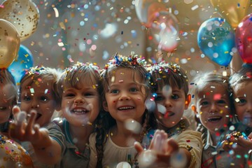 Ecstatic children's faces peer through a shower of confetti, balloons floating in the background, capturing the enchantment of a festive moment.