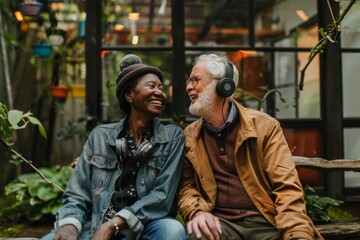 Fototapeta premium A content senior couple, each with headphones, enjoy a quiet moment together amidst the lush greenery of a garden conservatory.