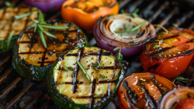 Slices of colorful grilled vegetables on a grill.