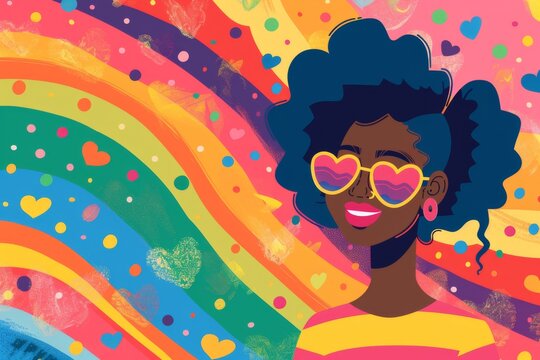 An exuberant illustration of a woman with heart-shaped glasses, her radiant smile set against a backdrop of a rainbow filled with hearts and dots.