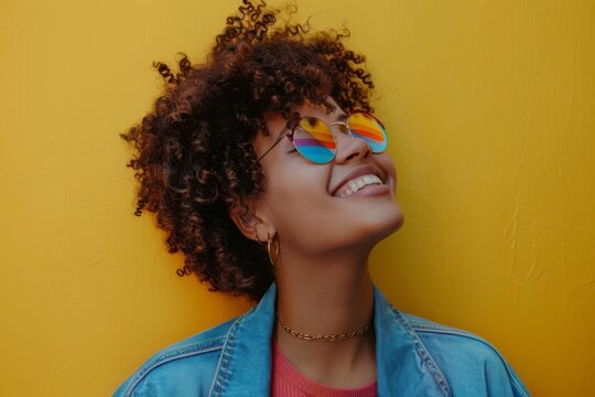 A young woman beams with joy, her rainbow-tinted sunglasses reflecting the sunny disposition against a vibrant yellow backdrop.