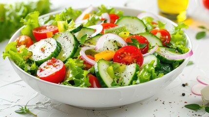 Fresh vegetable salad with cucumbers, tomatoes, onions and lettuce on white table. AI Generated