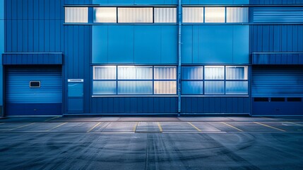 A vibrant blue building with sleek windows stands tall in front of a spacious parking lot, creating an abstract urban landscape
