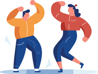 Two cartoon characters dancing joyfully, one in orange jacket and one in red sweater. Fun party dance and friendship celebration vector illustration.
