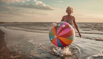 Eine Frau im mittleren Alter geht am Strand im Wasser und  freut sich über einen großen Wasserball.  KI generiert. - 746816741