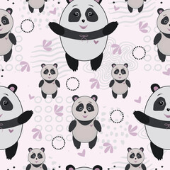 Color seamless pattern with pandas, print in scandinavian style
