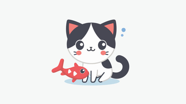 flat logo vector cute cat looking at fish cartoon 