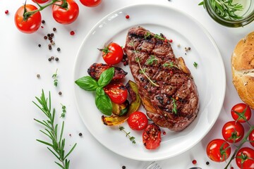 Grilled fillet steak served with tomatoes and roasted vegetables on white plate, top view. AI Generated