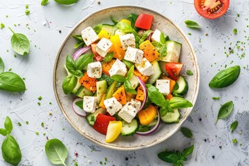 Fresh vegetable salad with feta cheese on table, top view. AI Generated
