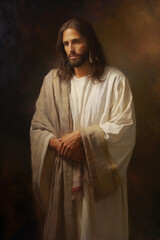 Reflective Gaze of Jesus: An Expressive Oil Painting Highlighting Spiritual Serenity