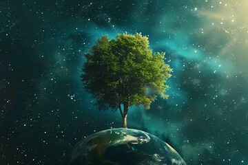 Banner with planet on starry background. Planet Earth with a big green tree. Earth Day. April 22. The concept of a green world and protection of the Earth. Ecology. Photorealism.