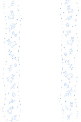 Vector. Cute hand drawn Easter vertical background with bunnies, easter eggs. Festive background with Easter linear symbols. Copy space for text. Design cards, banners and other promotional items.