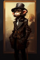 A monkey dressed in a sophisticated top hat and coat, exuding a dapper and classy demeanor. The primate stands out in its outfit, adding a touch of whimsical charm to its appearance