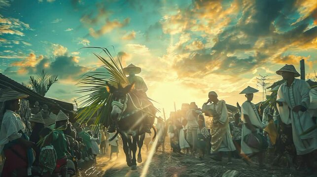 Palm sunday illustration people ride donkey and bring palm leaf with farmer hat in the afternoon lofi video of running cloud loop people in the crowd
