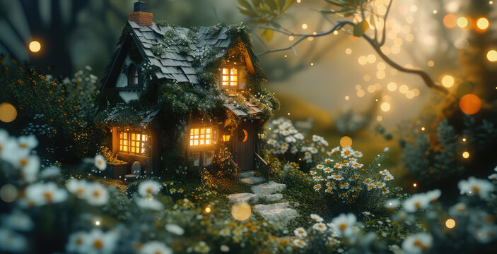 A Cute Little House In The Forest With A Light Inside And Lots Of Daisy Flowers Around It. St. Patrick's Day. Copy Space For Text, Advertising