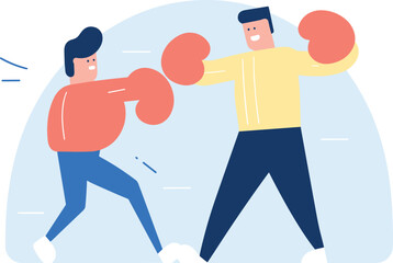 Two cartoon men boxing each other, dynamic fight, intense competition. Sportsperson training, friendly sparring match vector illustration.