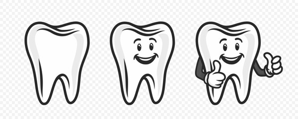 Vector Cute and Friendly Cartoon Tooth Character. Design Template for Promoting Dental Care and Toothpaste. Healthy Oral Hygiene Concept. The Smiling Tooth Character Showing Hand Gesture LIKE