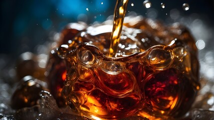 Macro shot capturing the effervescence of a poured cola over ice