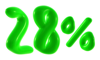 28 percent with green color isolated on transparent background for sale, discount, promotion and business concept 