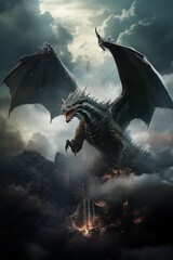 A large dragon is soaring through a cloudy sky, its wings spread wide as it glides effortlessly. The dragons scales glisten in the sunlight, casting a shadow on the billowing clouds below