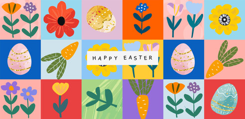 Happy Easter! Vector cute naive simple gouache illustrations of Easter eggs,  carrot, pattern, flowers, tulip, snowdrop, for greeting card, invitation, banner or background