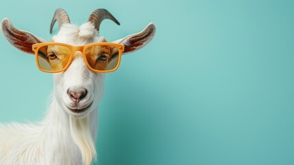 Cheerful goat wearing stylish sunglasses, isolated on pastel color background with copy space