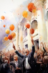 A painting depicting a group of individuals celebrating a retirement with speeches and well-wishes, holding colorful balloons. The scene captures the joy and camaraderie of the occasion