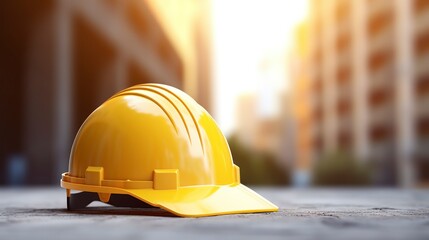 Yellow hard hat on the in the construction site background.