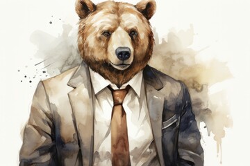 A suave bear in a tailored suit and tie clip - obrazy, fototapety, plakaty