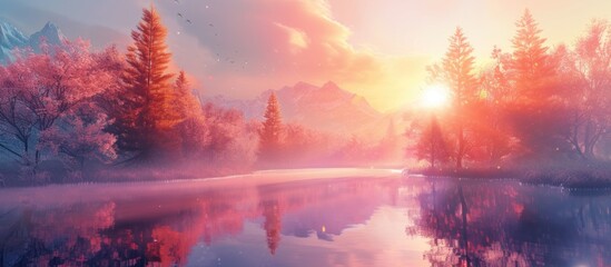 A painting depicting a tranquil lake surrounded by tall trees under a captivating sunrise. The artwork showcases the serene beauty of nature, with the morning light reflecting on the water.