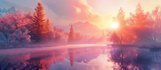 Papier Peint photo Lavable Réflexion A painting depicting a tranquil lake surrounded by tall trees under a captivating sunrise. The artwork showcases the serene beauty of nature, with the morning light reflecting on the water.