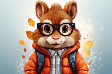 A cartoon squirrel wearing a pair of glasses and a fashionable jacket. The squirrel looks trendy and smart in its outfit, exuding a sense of sophistication and intelligence