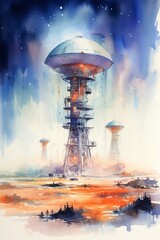 A painting depicting a futuristic space station floating high in the sky, with unknown energy signals emanating from it. The station stands out against the vast expanse of outer space beyond