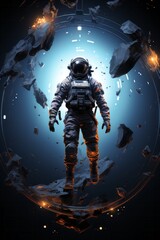Fototapeta na wymiar A man dressed in a space suit, standing with a firm posture, with a blue background behind him. The astronaut appears ready for an extravehicular activity in outer space