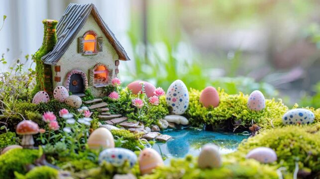 Small house miniature with small pond animated water surrounded with easter egg decoration and grass Happy easter lofi video loop