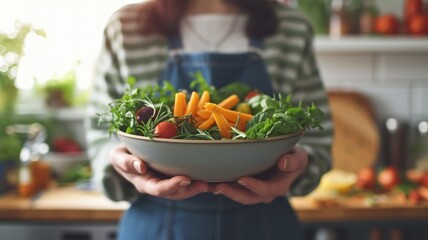 Hands presenting a nourishing Buddha bowl filled with an array of fresh vegetables, seeds, and healthy grains, practicing mindful eating habits for a cleaner and healthier gut