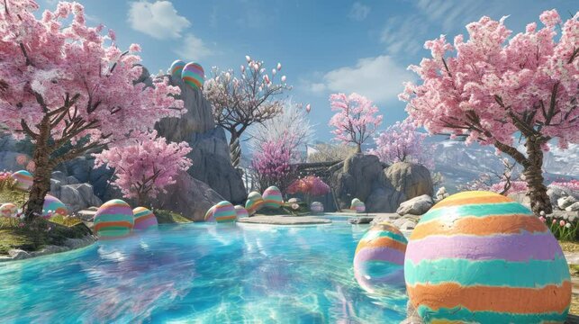 Swimming pool swiming pond decorater with pink eaf tree tabebuya and big blaster easter egg with animated water lofi video loop Happy easter wor pool company