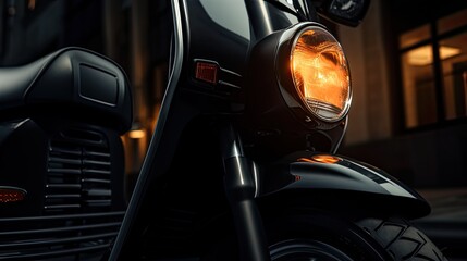 A close-up of a moped, with the intricate details of a moped's spotlight or headlight up close, highlighting details such as the lens, reflector and surrounding housing. - obrazy, fototapety, plakaty