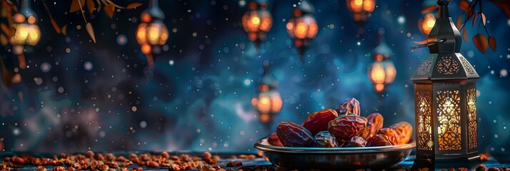 Ramadan Symbols Illustration: Plate with Dried Dates, Lantern, Night Sky Background.