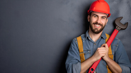 Smiling young plumber providing handyman services, holding a large red wrench, wearing a helmet, looking at the camera and smiling. Repairman with professional equipment, male worker or employee - obrazy, fototapety, plakaty