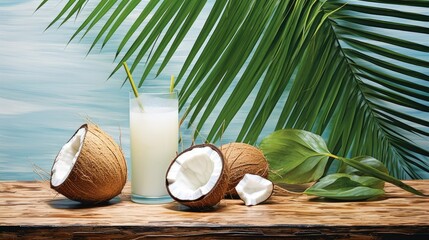 coconut and coconut milk on a wooden board near a window or outdoors to get soft natural light