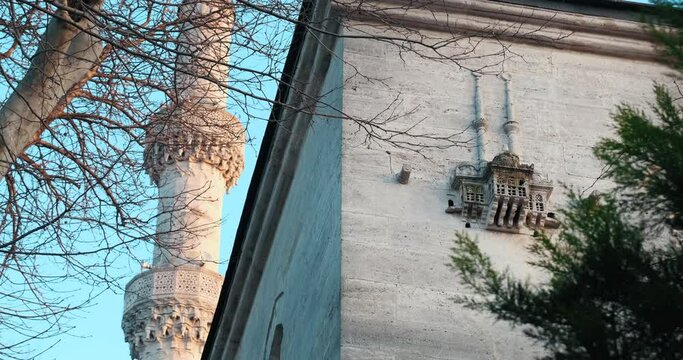 Cute bird's nest on the wall of Yeni Valide Mosque. The minaret of the mosque can be seen in the background.