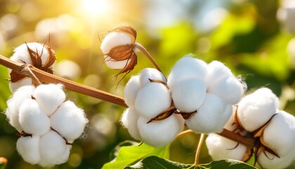 Close up of cotton balls on branch in sunshine rays on summer field with ample space for text