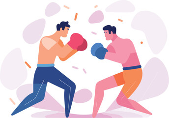 Two male boxers fighting in a match, cartoon style, one wearing red gloves, other blue. Men engaged in sport competition, boxing ring concept vector illustration.