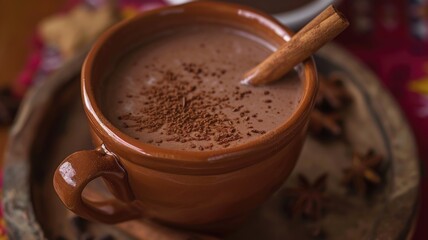 Obraz na płótnie Canvas steaming cup of Champurrado, garnished with a cinnamon stick and cocoa powder, inviting you to savor the rich flavors of this Mexican hot chocolate
