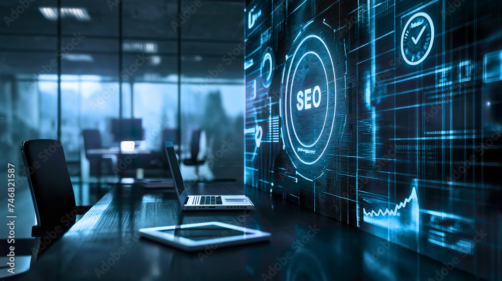 Wall mural seo or search engine optimization virtual letters on the digital hologram blue screen in empty moder