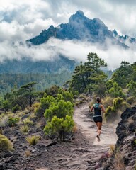 Female runner on mountain trail with majestic peaks and clouds in the background